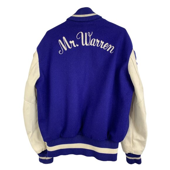 Vintage 90s DeLONG Mens Varsity Letterman Jacket Mr Warren Wool Leather M/L Blue - Picture 10 of 10